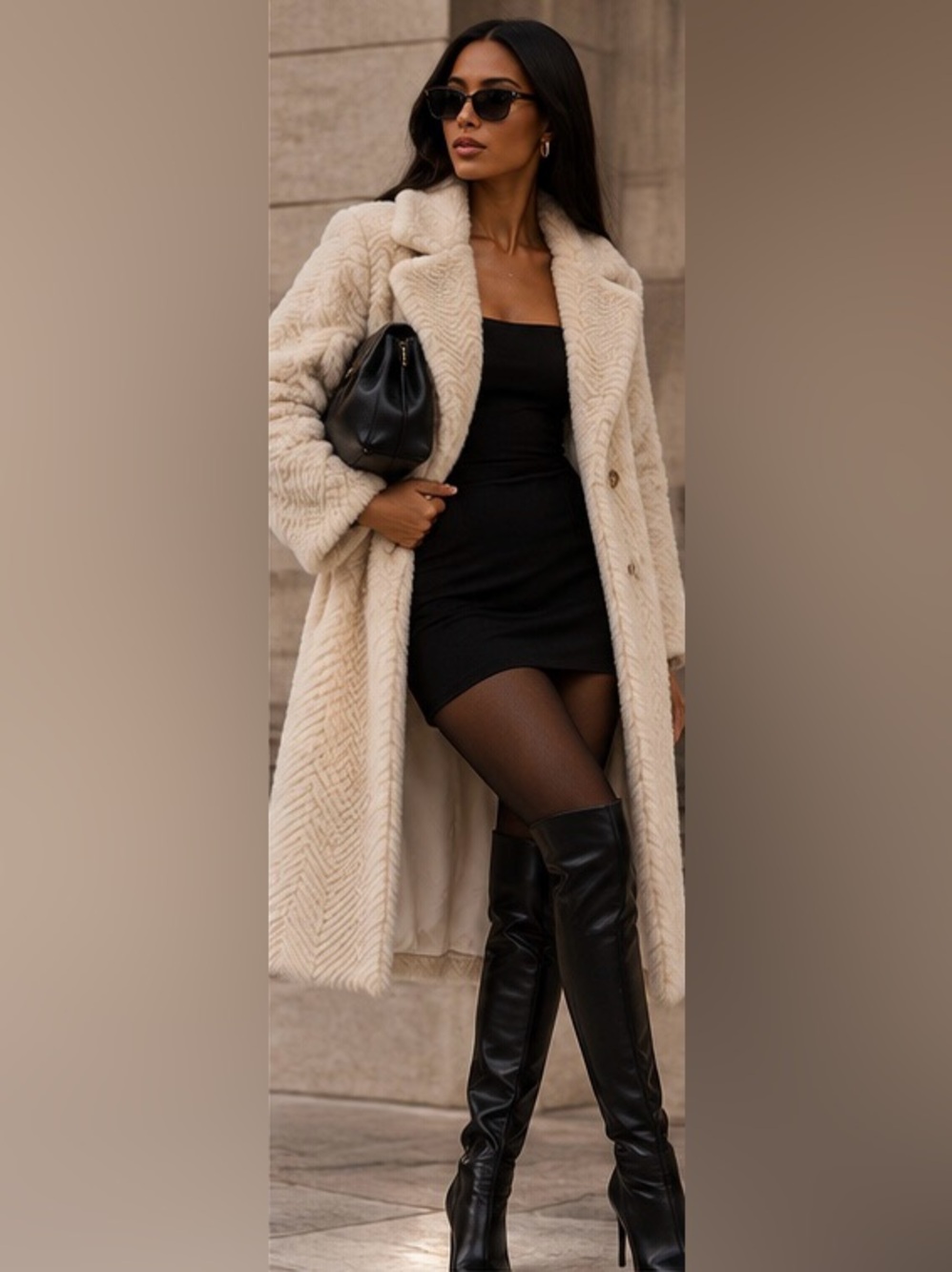 Danier Cream Belted Faux Fur Long Trench Coat
